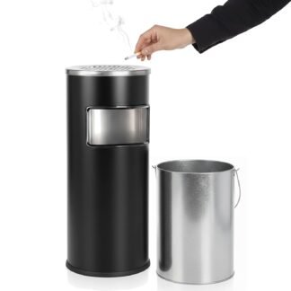Curvaso 30L Outdoor Rubbish Bin with Ashtray Lid | Stainless Steel Commercial Waste Dustbin for Pub, Patio, Garden & Office | Black Round
