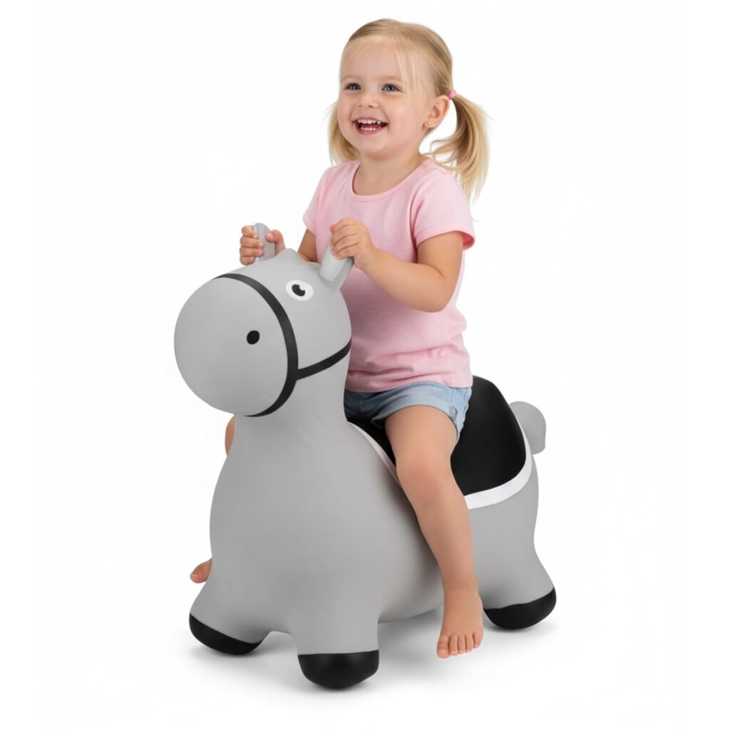Curvaso Animal Bouncy Hopper with Pump | Inflatable Ride-On Toy for Kids & Toddlers with Easy-Grip Ears, Indoor & Outdoor Safe | Grey Donkey