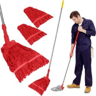 Curvaso Heavy Duty Kentucky Mop Set | Commercial Floor Cleaning Mop with 160cm Handle & 2 Looped Cotton Heads | Red