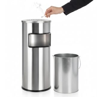 Curvaso 30L Outdoor Rubbish Bin with Ashtray Lid | Stainless Steel Commercial Waste Dustbin for Pub, Patio, Garden & Office | Silver Round