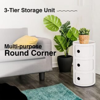 Curvaso Modern Multi-Tier Round Storage Cabinet | Plastic Bedside Table & Slide-Open Drawer Vanity Shelf for Bathroom, Kitchen & Home | White 3 Tier