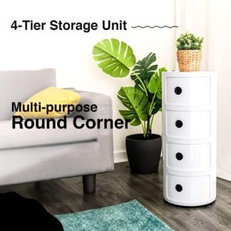 Curvaso Modern Multi-Tier Round Storage Cabinet | Plastic Bedside Table & Slide-Open Drawer Vanity Shelf for Bathroom, Kitchen & Home | White 4 Tier
