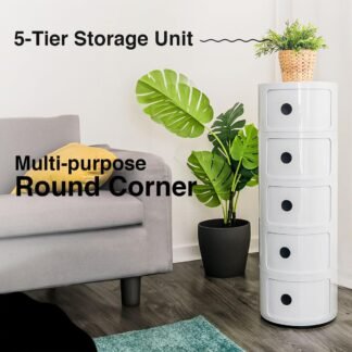 Curvaso Modern Multi-Tier Round Storage Cabinet | Plastic Bedside Table & Slide-Open Drawer Vanity Shelf for Bathroom, Kitchen & Home | White 5 Tier