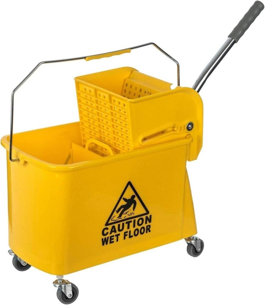 Curvaso 20L Industrial Mop Bucket with Wringer | Heavy Duty Commercial Floor Cleaning Bucket with Wheels (Yellow)